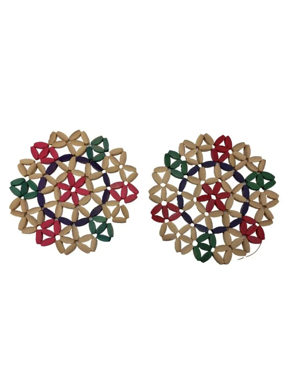 Vintage Folk Art Wooden Bead Trivets Red Green Natural Lot of 2 Hot Pad Pot Mat